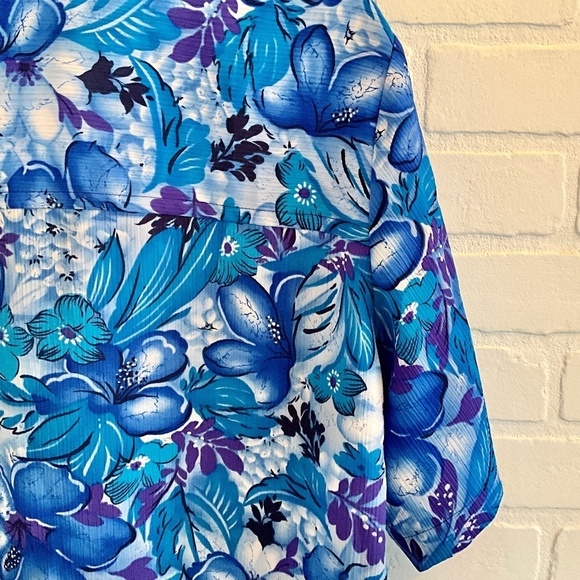 Vintage Button down shirt Floral print Cobalt blue/purple shortsleeve 16 Petite - Picture 4 of 7